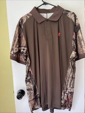 Under Armour Men’s Brown Polo with Camo Panels and Red Logo